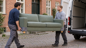 Möbeltaxi Potsdam: Zwei Helfer tragen eine Schlafcouch zum Transporter