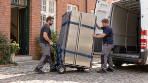 Möbeltaxi Potsdam: Helfer transportieren einen Side-by-Side-Kühlschrank
