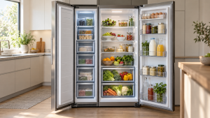 Geöffneter Side-by-Side-Kühlschrank mit Lebensmitteln in einer Potsdamer Küche