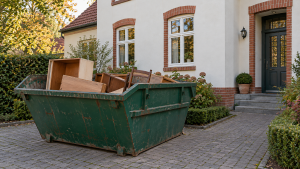 Entsorgungscontainer mit alten Möbeln vor einem Potsdamer Wohnhaus