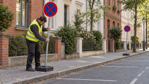 Mitarbeiter stellt mobile Halteverbotsschilder für einen Umzug in Potsdam auf