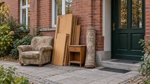 Sperrmüll mit Sessel, Schrankteilen und Teppich vor einem Potsdamer Wohnhaus